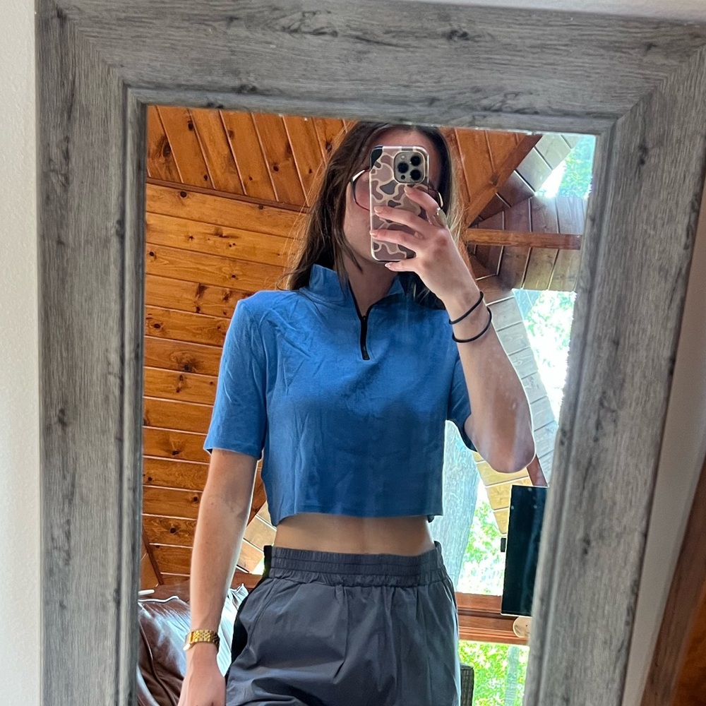 Blue Quarter Zip Crop Top